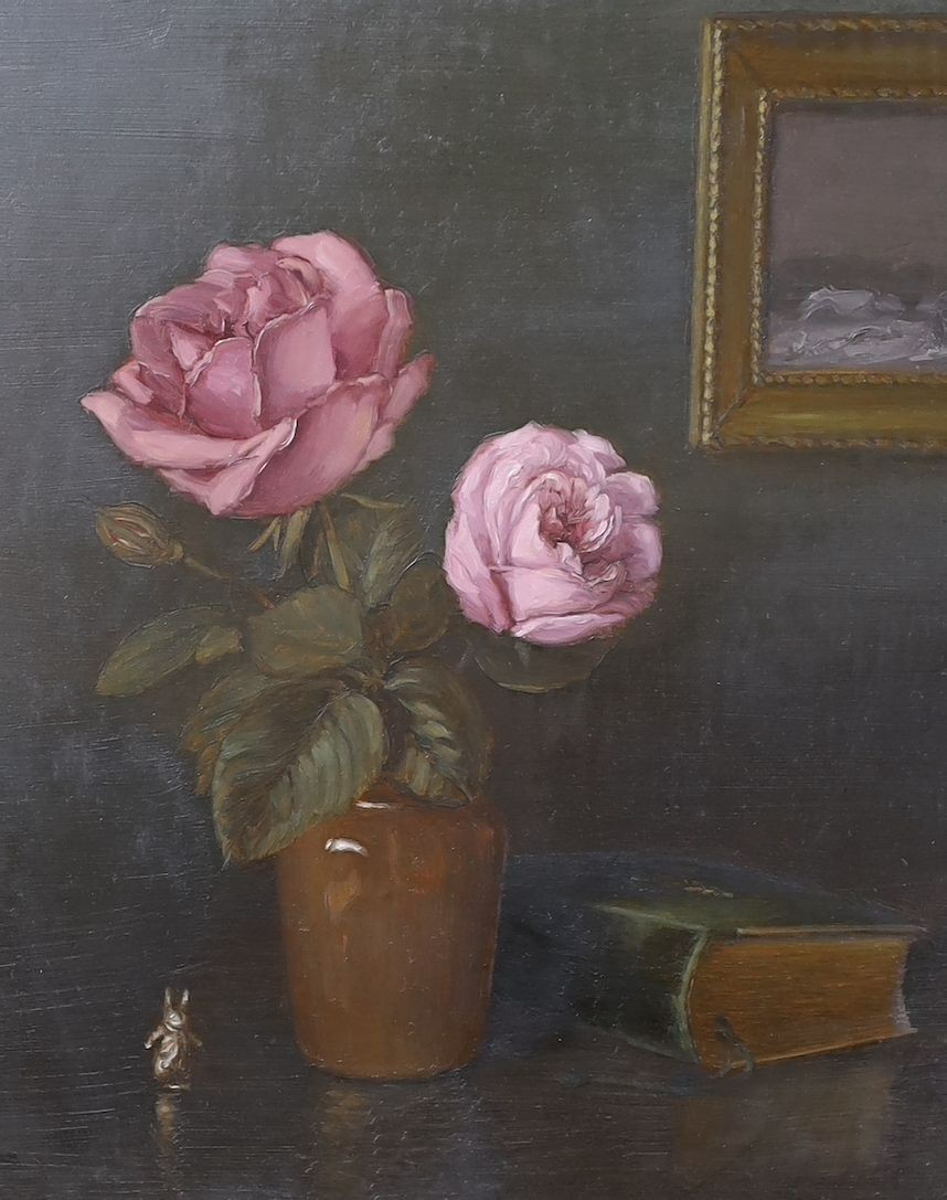 J. Foulger (Corot), four oils on board, Still lifes of flowers and fruit, largest 29 x 39cm